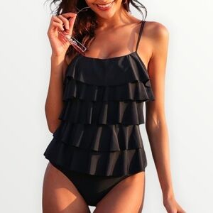 Maxmoda Black Tiered Ruffle One Piece Swimsuit Sz S Swimwear Vacation Beach